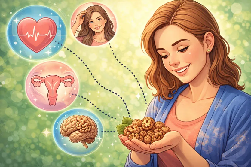 با خواص گردو برای زنان بیشتر آشنا شوید | مستر پسته - با خواص گردو برای زنان آشنا شوید؛ از تقویت پوست و مو، قلب و مغز گرفته تا تنظیم هورمونها، سلامت رحم و دوران بارداری. یک راهنما برای افزایش سلامت و زیبایی زنان.